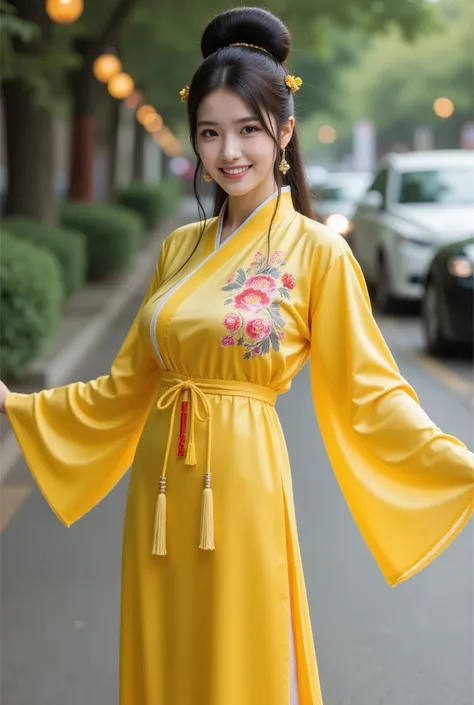 big breasts,a yellow hanfu dress, featuring a long skirt with an embroidered pattern on the right side of the chest and back. th...