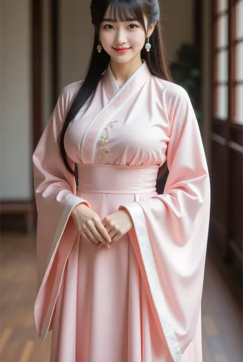 big breasts,.Full-body photo of a beautiful Chinese girl standing in front of the camera, smiling. She is wearing a long-sleeved pink Hanfu with a white collar and gold trim. The background is simple, and her facial features are delicate. Her movements are...