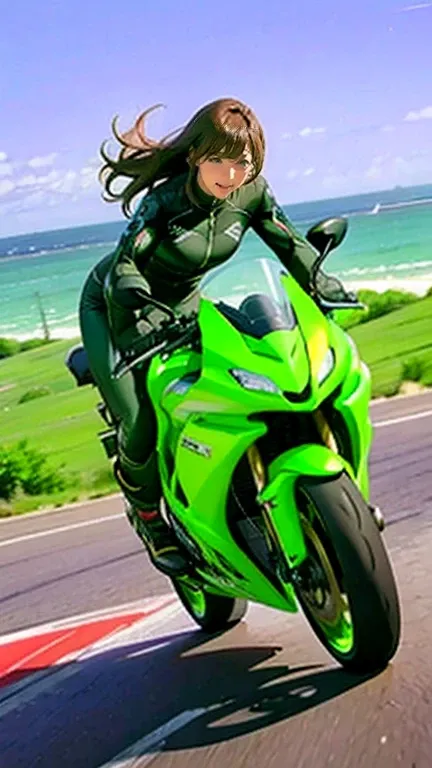 On the road, there is a woman riding a yellow-green and purple 1300cc motorcycle..., (((Wheelie))) Racing along the straight coastline road on a 1500cc motorbike, America. (This scene、It captures the speed and power of the scene...))), (((Dynamic and power...