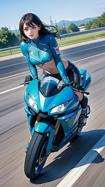 There is a woman riding a light blue 1300cc superbike down the road..., (((Wheelie))) A 1300cc super-large motorcycle running on the highway, America. (This scene、It captures the speed and power of the scene...))), (((Dynamic and powerful composition))
