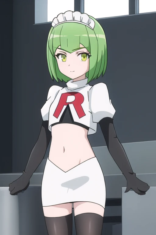 francesca, solo, looking_at_viewer, short_hair, bangs, green_eyes, yellow_eyes, green_hair, flat_chest, maid_headdress, robot, a...