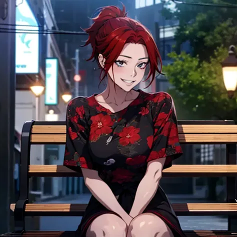 arafed woman with red hair and piercings sitting on a bench, 4k anime style, [[[[grinning evily]]], anime badass 8 k, evil smile...