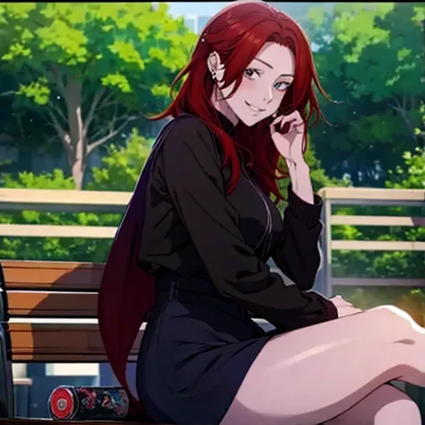 arafed woman with red hair and piercings sitting on a bench, 4k anime style, [[[[grinning evily]]], anime badass 8 k, evil smile...