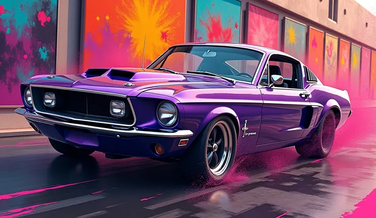 Retro muscle car, colorful paintings, aerography, aggresive pose, pop art style, violet tones car, ford mustang