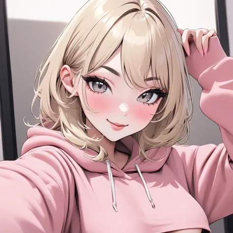 E-girl, lip fillers, blue eyes, coy, smile, pastel pink hoodie, underboob, selfie, light blonde hair, gray eyes, sexy, tease, solo