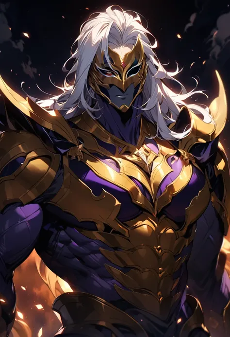 His appearance in the Bleach universe would be that of a tall, muscular man with green skin and red eyes. He would wear purple and gold armor that covers most of his body, including a mask that covers half of his face. He would have long white hair that fa...