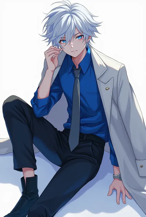 He&#39;s an anime boy, white and somewhat disheveled hair with a blue lock, high, He is wearing a blue shirt, a black pants, some black boots, a jacket over the shoulder and a tie, Her eyes are beautiful and blue.