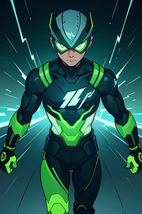 Create a detailed image of a futuristic superhero in a sleek black and gray suit with glowing neon green accents. He has short gray hair and wears a bright green visor over his eyes. A glowing lightning bolt emblem is on his chest, symbolizing his super-sp...