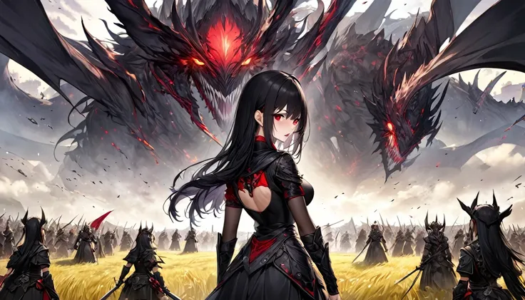 (panoramic), ((MMO simulation RPG GAME STYLE)), (in the open field Game world with Chat window), ((back view, battle scene)), (a beautiful hime-cut black hair long hair) (best cool girl is 18 yo), (cool beauty red eyes), (serious face, makeup face, glossy ...