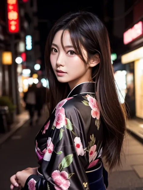 Beautiful Japanese Supermodel Women, Hair with some highlights, Black Eyes, sexy，Street Background，Gorgeous kimono , The liquid color runs down her face, Shooting in backlight，Perfect Face Lighting，Mixed Media,Turn right