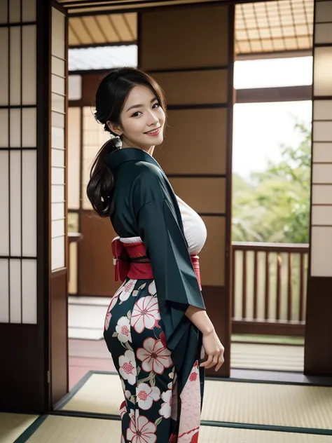 Attractive mature sexy woman,50 years old, ((kimono)),((green))、(((kimono))),close,((Big Breasts:1.1)),(Facial wrinkles:1.3),light makeup,Light Brown Hair,Long Hair,(Full body photo:0.85),(Accentuate your big butt),8k, RAW Photos, Please redeem, Laughter,m...