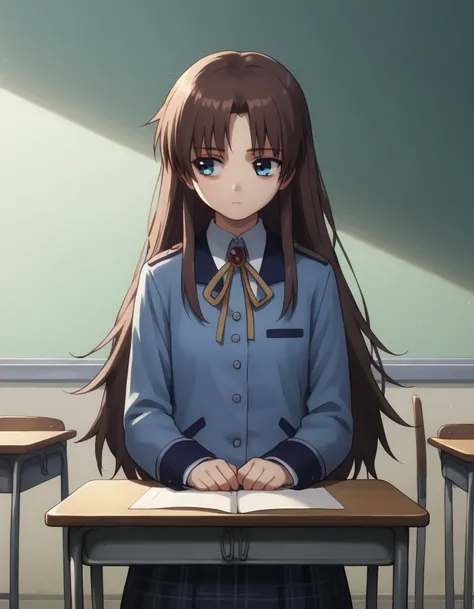 Ai shindou, 1girl, solo, long hair, floating hair, blue skirt, blue uniform, brown hair, long sleeves, blue sea eyes, staring to the side, with gloomy air, tired expression, plaid skirt, ribbon, cowboy Shot, limp body on her desk School Desk in the room, m...