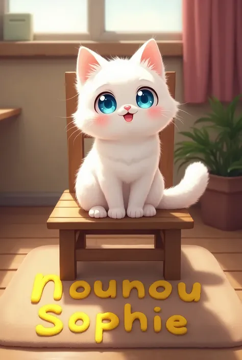 Chat blanc kawaii aux yeux bleu assis sur une chaise en bois devant lui un tapis marquer marron "Nounou Sophie" en jaune