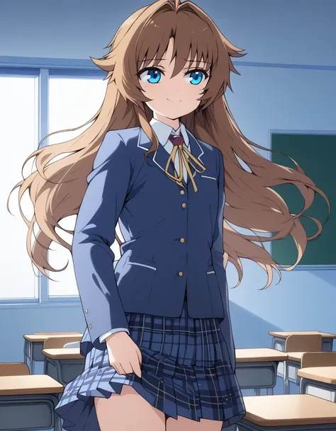 Ai shindou, 1girl, solo, long hair, floating hair, blue skirt, blue uniform, brown hair, long sleeves, blue sea eyes, staring to the side, with smile, tired expression, plaid skirt, ribbon, cowboy Shot, limp body on her desk School Desk in the room, master...