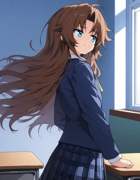 Ai shindou, 1girl, solo, long hair, floating hair, blue skirt, blue uniform, brown hair, long sleeves, blue sea eyes, staring to the side, with smile, tired expression, plaid skirt, ribbon, cowboy Shot, limp body on her desk School Desk in the room, master...