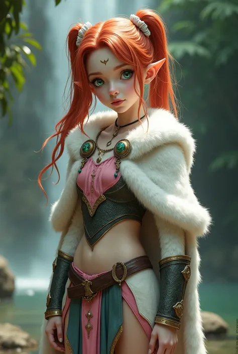  ((ultra realistic)), ((perfect image)), ((perfect face)), ((ultra detailed)), ((full body)), ((perfect body)) A teenage girl, she has fair skin with pointy ears, green eyes and red hair that is always tied in ponytails with white elastic bands. She wears ...