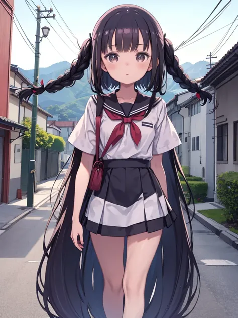 Manga Style, One girl. She wears a short-sleeved white sailor uniform with a black sailor collar with a pink ribbon. She is wearing a black skirt. She has very long pigtails with red ribbons.. Very long low braids, Black Hair. bag, Late teens, Small breast...