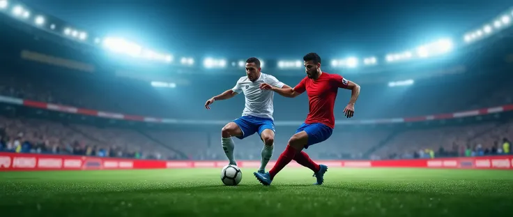 "Create a high-resolution banner image of an amateur soccer match in a brightly lit stadium during nighttime. The image should feature two male soccer players in mid-action, fighting for control of the ball. One player, wearing a red jersey and blue shorts...