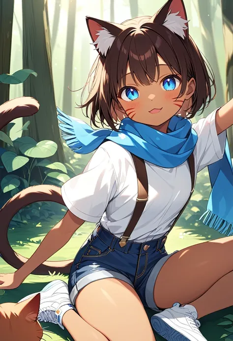 Best Quality、4K、Ultra HD、Young girl、Brown Skin、Cat ears and tail、Three red cat whiskers on cheek、Blue Eyes、With your arms wide open, Dark brown hair、A single blue feather hair ornament、Straight Short Hair, White shirt with short blue scarf、And brown suspen...