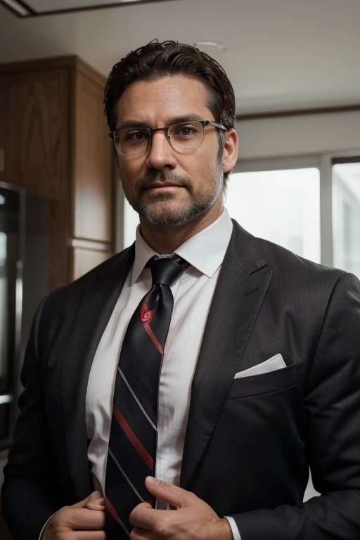 Original photo, muscular man, (40-year-old dad:1.1), 1 boy, One, (black suit), (white shirt), (red tie with print), black trousers, (big shoulders), musculature, Stubble, short beard, (detailed body), glasses, slight grin, looks directly at the camera, gaz...