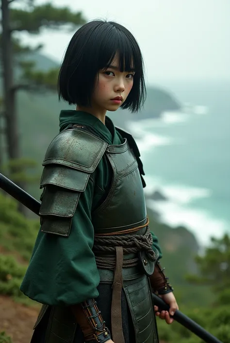 Best Quality,masterpiece,Full body portrait,Pine forest on the coast,Petite Japanese girl in her late teens,Serious expression,A little dirty with soot,Metallic green separate armor,Holding a large naginata in his hand,Black short bob,Accurate, Ultra Wide ...