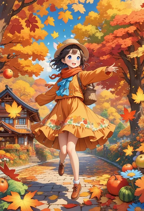 little fairies, colorful clothes, flying around freely, fall fruits and vegetables, autumn leaves and fallen leaves, warm-colored flowers, autumn-colored forests, a fun atmosphere,