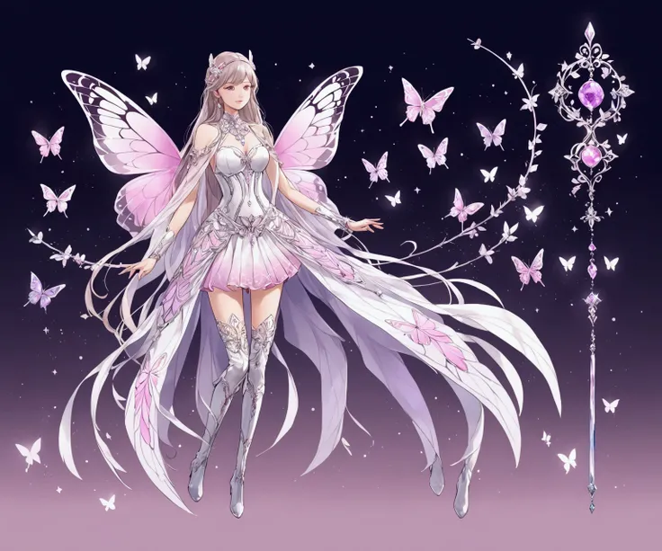 design of a female heroine costume, based on a butterfly, white color, the skirt should be shorter and resemble the wings of a purple and pink butterfly, knee high boots, magical art, delicate accessories with crystals, some silver details, soft and light ...