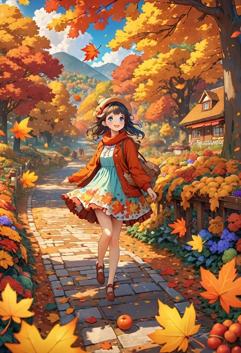 little fairy, colorful clothes, flying around freely, fall fruits and vegetables, autumn leaves and fallen leaves, warm-colored flowers, autumn-colored forests, a fun atmosphere, best quality, 8k, high resolution, detailed, 