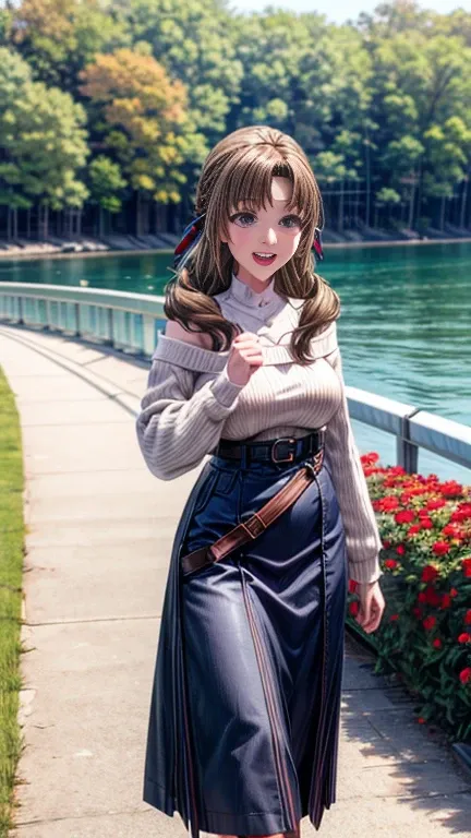 masterpiece, anatomically correct, textured skin, high details, high quality, 8k, One housewife、A stroll along the lakeside promenade on a clear autumn day、Open mouth and big smile、Beige off-shoulder sweater BREAK Navy blue long skirt with belt、Cowboy Shot...