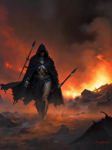 Open shot, Best quality, masterpiece, Oil painting (oil brush stroke) texture, ultra high res, (photorealistic:1.5), raw photo, a hot sexy woman walking holding a spear, 1girl, dressing a cape and hood (dirty and torn), red sky at dawn, deep shadows, drama...