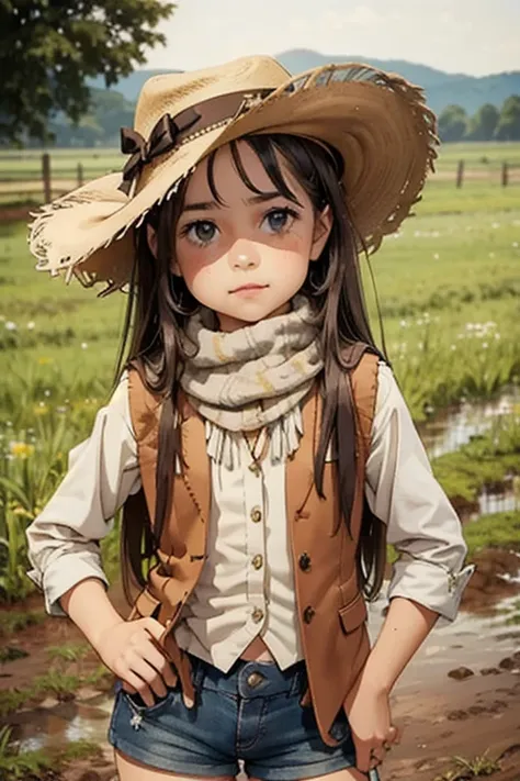 beautiful young pretty  portrait，on a muddy farm:1.2 , cowboy hat, fringed waistcoat , shorts, scarf , confidence , very short s...