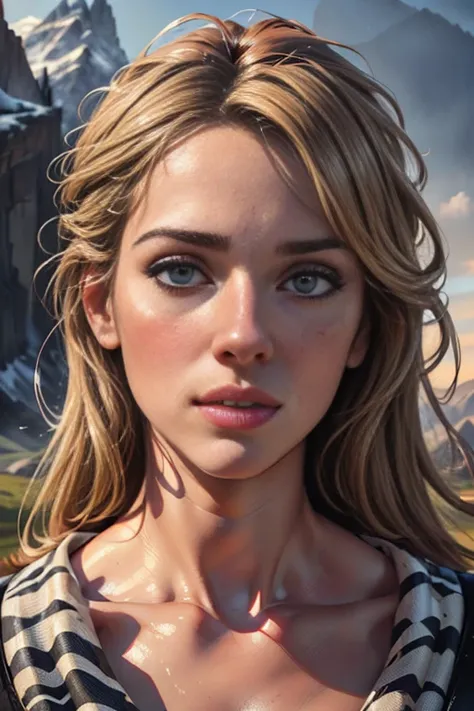 photorealistic, 1girl, beautiful detailed eyes, beautiful detailed lips, extremely detailed face and portrait, medium:digital painting, ranch in the mountains, flock of sheep, dramatic lighting, vibrant colors, cinematic, (best quality,4k,8k,highres,master...