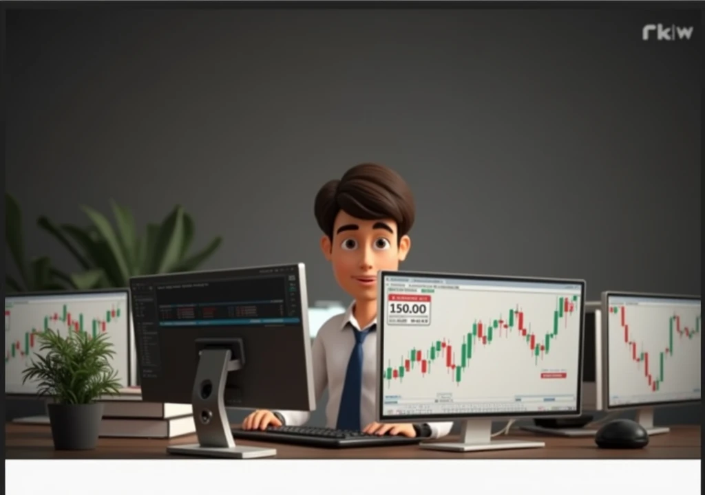 Animated forex trader with my face with computer NQ charts behind my table with four screen computers