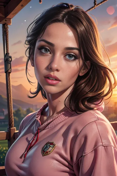 beautiful detailed eyes, beautiful detailed lips, extremely detailed eyes and face, long eyelashes, 1 girl, sitting on a swing, wearing a pink sweatshirt uniform, realistic, photorealistic, photo-realistic:1.37, (best quality,4k,8k,highres,masterpiece:1.2)...