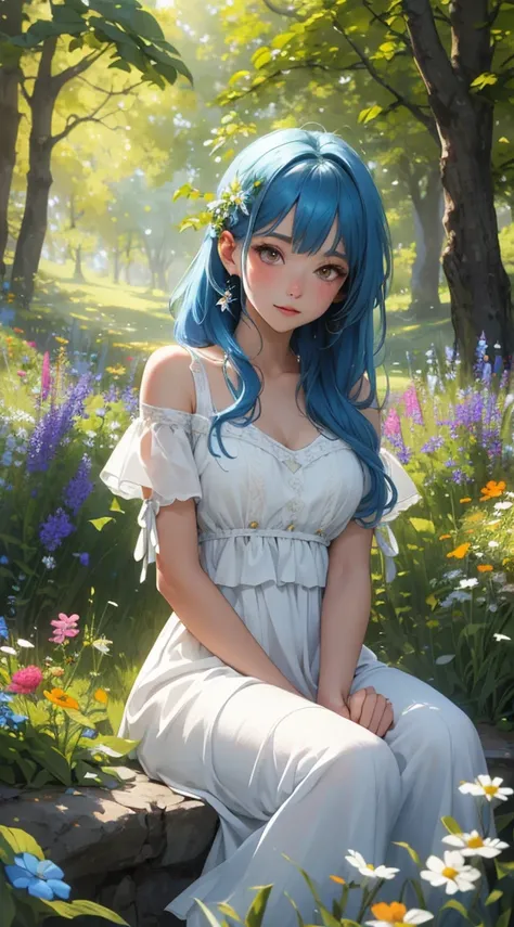 A beautiful girl with blue hair wearing a white dress, sitting on the ground surrounded by wildflowers, sunlight filtering through the trees, creating a peaceful and dreamlike atmosphere, with vivid colors and soft shadows, (best quality, 4k, highres, mast...