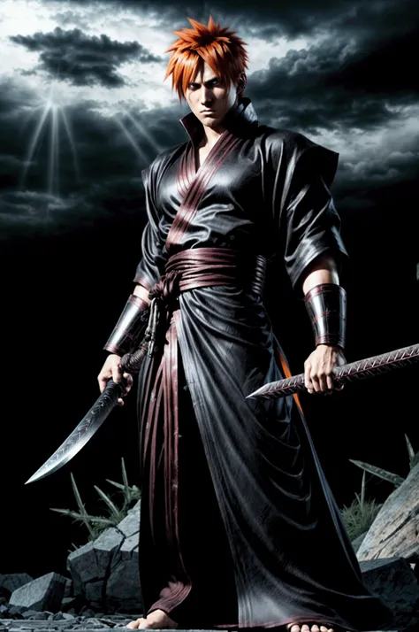 (hyperrealistic) A tall, athletic young man with bright orange spiky hair and piercing brown eyes. He wears a traditional black Shinigami robe and holds a huge Zanpakuto. (sword) In one hand. His expression is concentrated and intense., ready for battle. b...