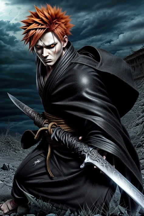 (hyperrealistic) A tall, athletic young man with bright orange spiky hair and piercing brown eyes. He wears a traditional black Shinigami robe and holds a huge Zanpakuto. (sword) In one hand. His expression is concentrated and intense., ready for battle. b...