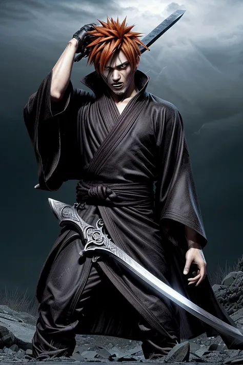 (hyperrealistic) A tall, athletic young man with bright orange spiky hair and piercing brown eyes. He wears a traditional black Shinigami robe and holds a huge Zanpakuto. (sword) In one hand. His expression is concentrated and intense., ready for battle. b...