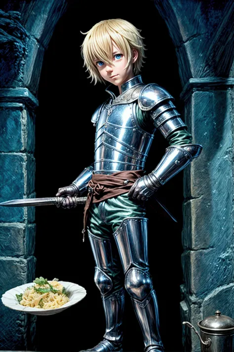 Laios de "Delicious in the dungeon"
Indication : (hyperrealistic) A young man with short, messy blonde hair and bright, curious eyes, wearing a medieval adventurer costume with armor plates. He holds a large sword in one hand and a strange looking plate in...