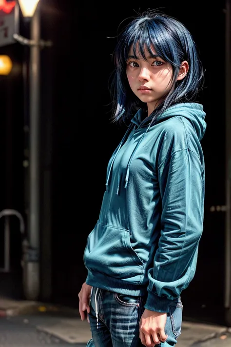 aqua hoshino from "oshi no ko"
indication : (hyperrealistic) a teenager with medium-length dark blue hair and striking cyan eyes...