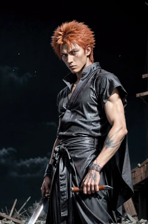 ichigo kurosaki from "bleach: the thousand years&#39; blood war"
indication : (hyperrealistic) a tall, athletic young man with b...