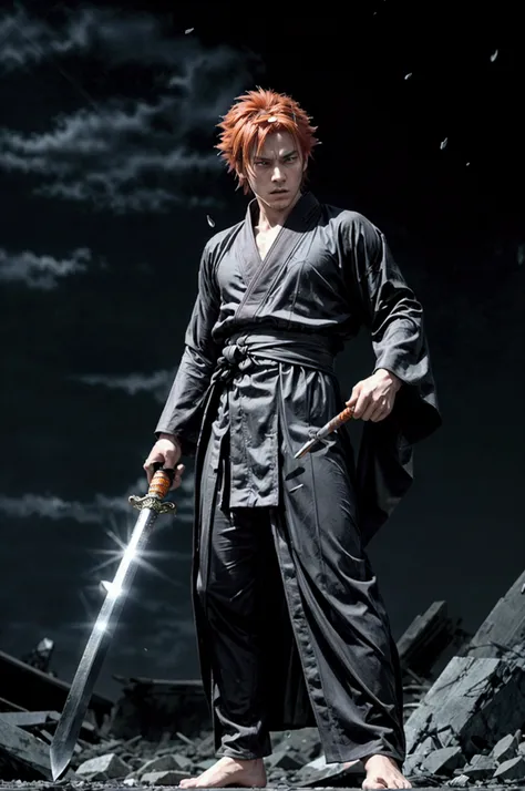 basic form (shinigami form)

indication : (hyperrealistic) a tall, athletic young man with bright orange spiky hair, who wears a...