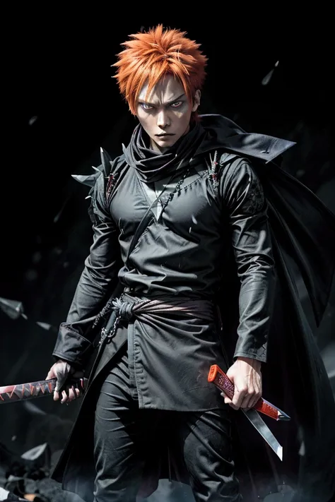 bank: tensa zangetsu indication : (hyperrealistic) ichigo stands confident in his bankai form, wearing a sleek, all-black versio...