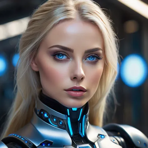 a gorgeous thin blonde haired blue eyed woman, extremely detailed eyes and face, beautiful detailed lips, long eyelashes, skin tight armor, authoritative pose, sci-fi futuristic background, highly advanced robots, advanced technology, cinematic lighting, d...