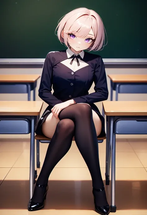 a beautiful gothic girl with short hair, violet eyes, sitting alone in a classroom crossing her legs, exquisite lighting, 4k, 8k, ultra high resolution, maximum quality, masterpiece, photorealistic, highly detailed