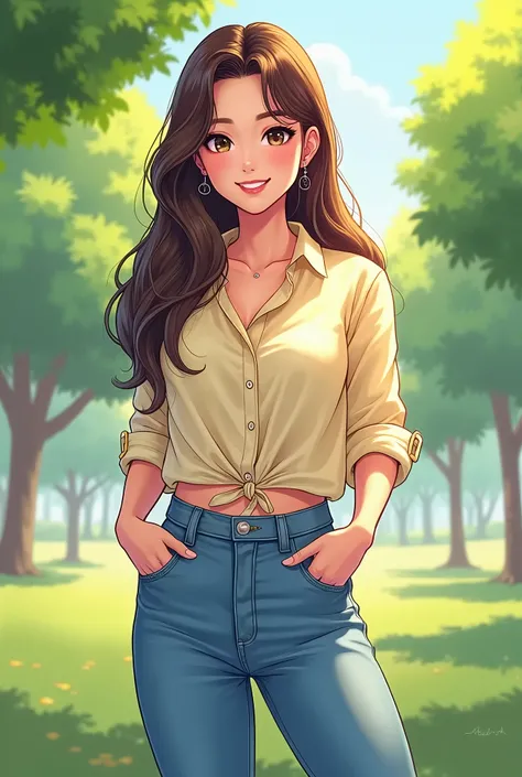 "An illustration of Emma, a hyuna from 4minute groupe style young woman in her mid-22s, standing in the same park as Jake. She’s dressed casually, wearing a stylish blouse and jeans, with a cheerful smile on her face. The scene is light and natural, with t...