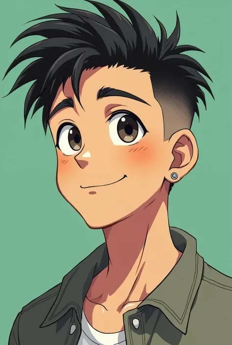 make me a anime version of my self, skinny guy, with a clean cut like taper fade messy hair, pointy nose, have head turning slanted eyes. more normal hairstyle, average clothing, no background or green background. make my photo cool, above neck picture, an...