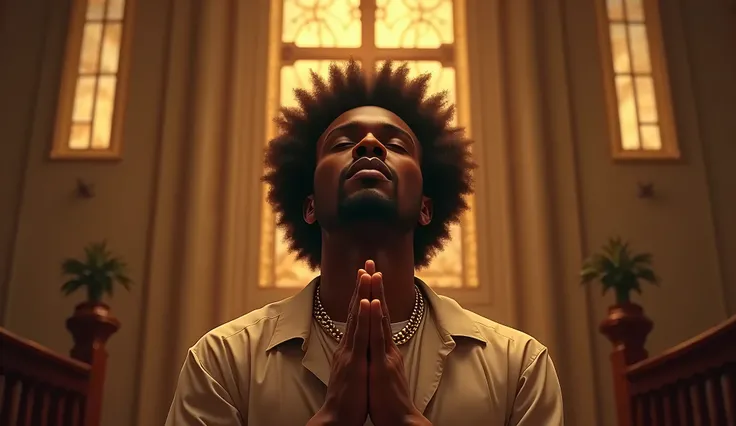 afro man wearing a gold cross necklace, praying in the middle of a church, intricate cross ornament on the wall, highly detailed, warm lighting, realistic, cinematic, digital painting, spiritual atmosphere, by Greg Rutkowski and Artgerm, 4k resolution, mas...