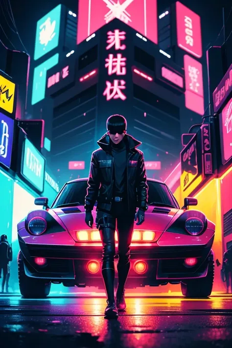 Illustration/anime style. A poster inspired by Blade Runner, featuring vibrant neon and LED colors contrasting against a dark background. In the center, a vehicle with advanced technology. A depiction of a dystopian future.