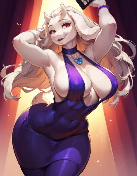 (masterpiece, anthropomorphic fantasy anime style, creative NSFW sexy art), beautiful anthropomorphic milf Toriel, long hair, curvy, voluptuous, big ass, big breasts, wide hips, sexy, sensual dance, electronic club, expressive, cheerful, smiling, sensual c...